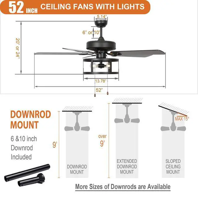 Alt view image 6 of 6 - 52 Inch Ceiling Fans with Lights, Farmhouse Black Ceiling Fan for Bedroom Living Room, Rustic Outdoor Ceiling Fans for Patios, Pull Chain Control, 3 Speeds, Reversible Airflow, ETL