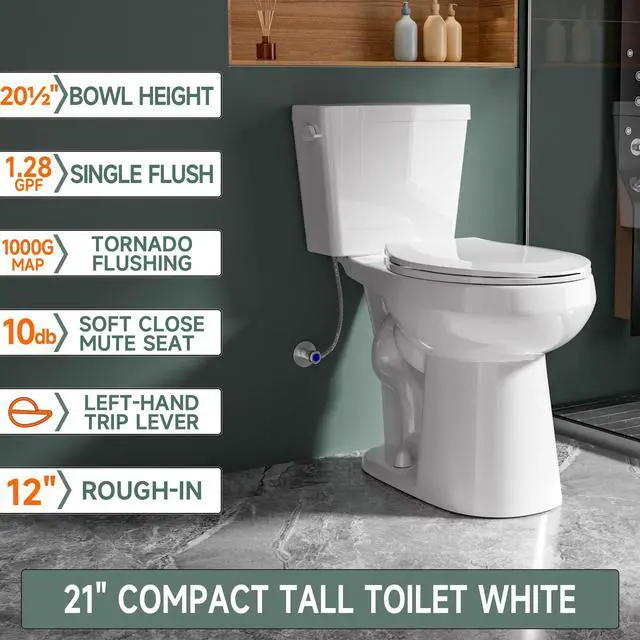 Alt view image 2 of 6 - 21 Inch Compact Extra Tall Toilet Seat Height 21.25", Single Flush 1.28 GPF, Left-Hand Trip Lever, Powerful Tornado Flush Two Piece, 12" Rough-in for Bathroom, Comfort Bowl Heigh 20.5", White
