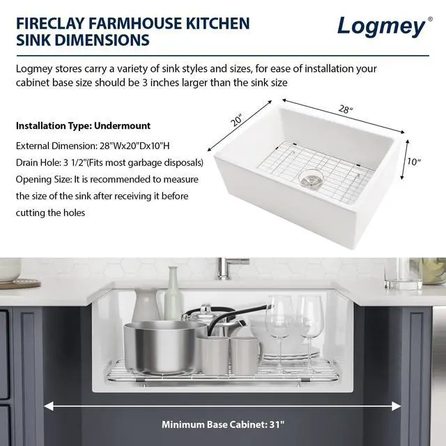 Alt view image 4 of 6 - 28 Inch Farmhouse Sink White Apron Front Kitchen Sinks 28x20x10 Single Bowl Undermount Fireclay Ceramic Farm Sink for Countryside Classic Style
