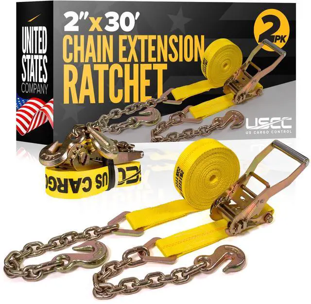 Main image of Chain Ratchet Straps 2 Inch x 30 Foot (2-Pack), 10,000 LBS Break Strength, Heavy Duty Ratchet Straps with Chains Ends & Grab Hooks, Heavy Equipment Tie-Downs, Tractor Tie Downs
