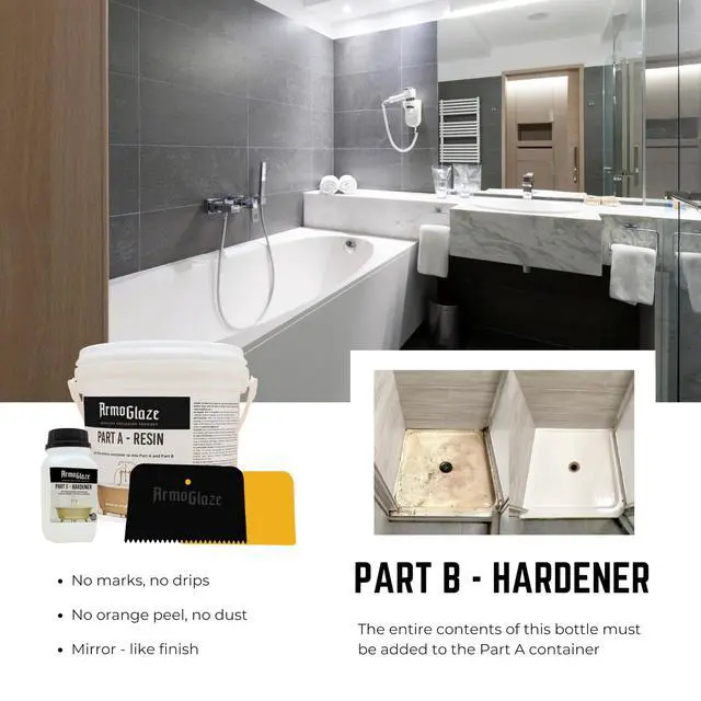 Alt view image 4 of 6 - Shower Base Refinishing Kit Made in USA, Odorless Epoxy Coating for Small Shower Base (2x2, 3x3) Easy Pour-On Application, Durable Mirror Finish 1.5 kg