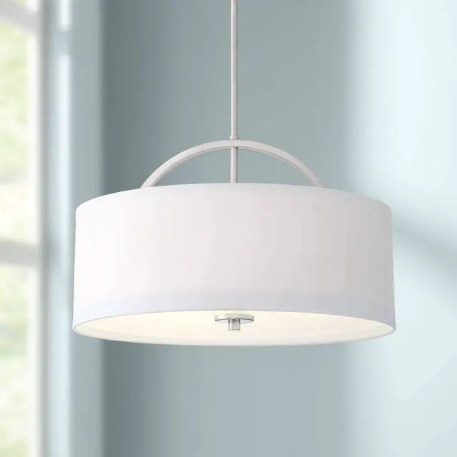 Main image of Carina Brushed Nickel Drum Pendant Chandelier Light Fixture 20" Wide Modern White Linen Shade for Dining Room House Foyer Entryway Kitchen Bedroom Living Room High Ceilings