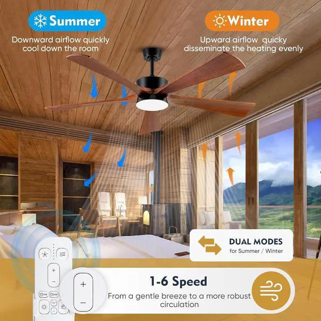 Alt view image 3 of 6 - 60 Inch Ceiling Fan with Lights, Outdoor Wood Silent Ceiling Fans, Modern High CFM Farmhouse Ceiling Fans, Quiet Reversible DC Motor, 5 Blades 6 Speed for Bedroom Living Room Exterior Patios