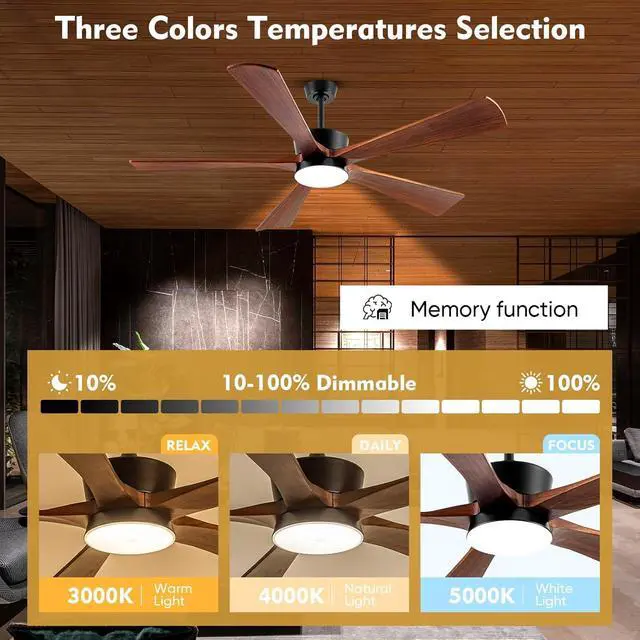 Alt view image 4 of 6 - 60 Inch Ceiling Fan with Lights, Outdoor Wood Silent Ceiling Fans, Modern High CFM Farmhouse Ceiling Fans, Quiet Reversible DC Motor, 5 Blades 6 Speed for Bedroom Living Room Exterior Patios
