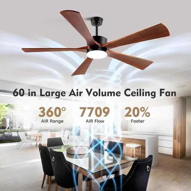 Alt view image 5 of 6 - 60 Inch Ceiling Fan with Lights, Outdoor Wood Silent Ceiling Fans, Modern High CFM Farmhouse Ceiling Fans, Quiet Reversible DC Motor, 5 Blades 6 Speed for Bedroom Living Room Exterior Patios