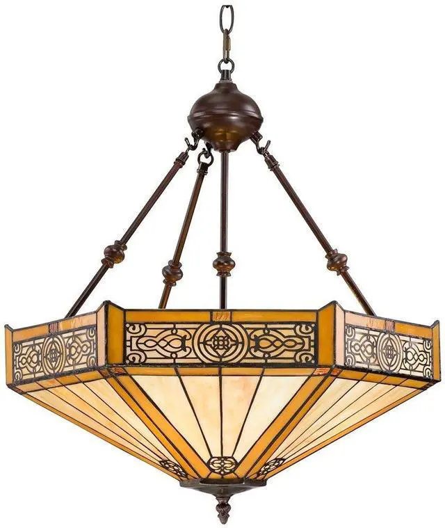 Main image of Pendant Light Fixture - 3 Light, Art Glass Shade, Stratford Bronze Rustic Tiffany Pendant Light for Kitchen Islands, Living Rooms, and Dining Rooms - 20 3/4" Wide, 23" High