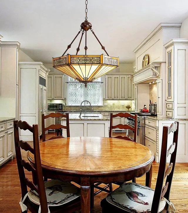 Alt view image 2 of 3 - Pendant Light Fixture - 3 Light, Art Glass Shade, Stratford Bronze Rustic Tiffany Pendant Light for Kitchen Islands, Living Rooms, and Dining Rooms - 20 3/4" Wide, 23" High