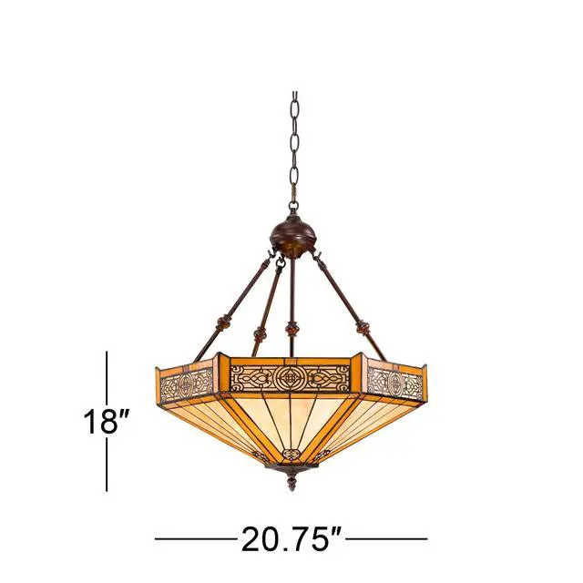 Alt view image 3 of 3 - Pendant Light Fixture - 3 Light, Art Glass Shade, Stratford Bronze Rustic Tiffany Pendant Light for Kitchen Islands, Living Rooms, and Dining Rooms - 20 3/4" Wide, 23" High