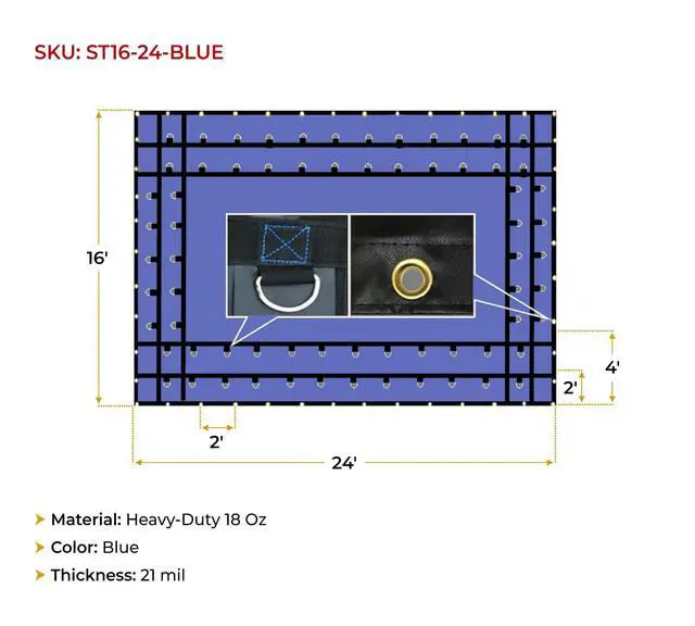 Alt view image 5 of 6 - 16' x 24' Flatbed Trailer Steel Machinery Tarp with 4 FT Drop - Heavy Duty Blue 18 Oz Vinyl Weatherproof Tarp for Truck/Trailers to Protect Cargo from Wind, Rain, Snow, and Sun