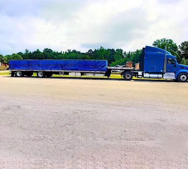 Alt view image 6 of 6 - 16' x 24' Flatbed Trailer Steel Machinery Tarp with 4 FT Drop - Heavy Duty Blue 18 Oz Vinyl Weatherproof Tarp for Truck/Trailers to Protect Cargo from Wind, Rain, Snow, and Sun