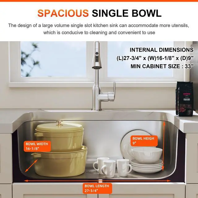 Alt view image 2 of 6 - 30 Inch Undermount Kitchen Sink 18 Gauge Stainless Steel Single Bowl Curved Shape Sinks 30" x 18" x 9" (Sink Only)