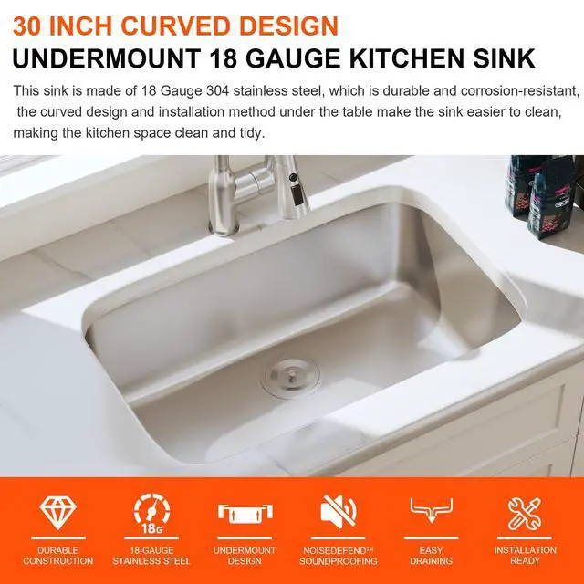 Alt view image 5 of 6 - 30 Inch Undermount Kitchen Sink 18 Gauge Stainless Steel Single Bowl Curved Shape Sinks 30" x 18" x 9" (Sink Only)