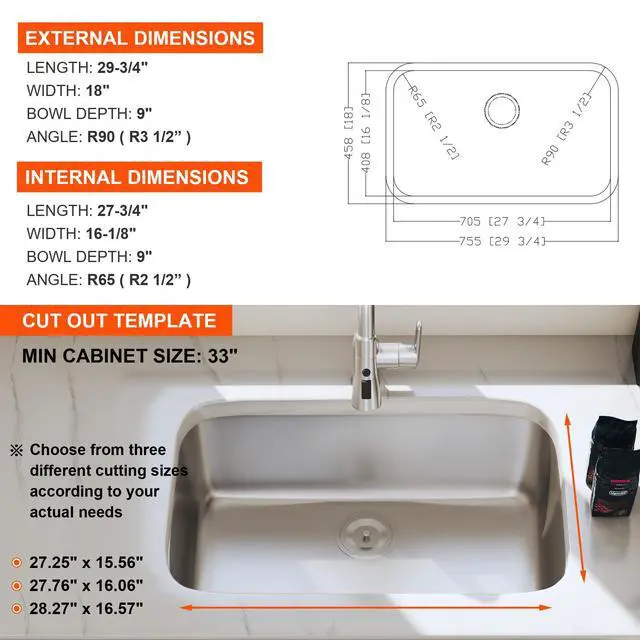 Alt view image 6 of 6 - 30 Inch Undermount Kitchen Sink 18 Gauge Stainless Steel Single Bowl Curved Shape Sinks 30" x 18" x 9" (Sink Only)
