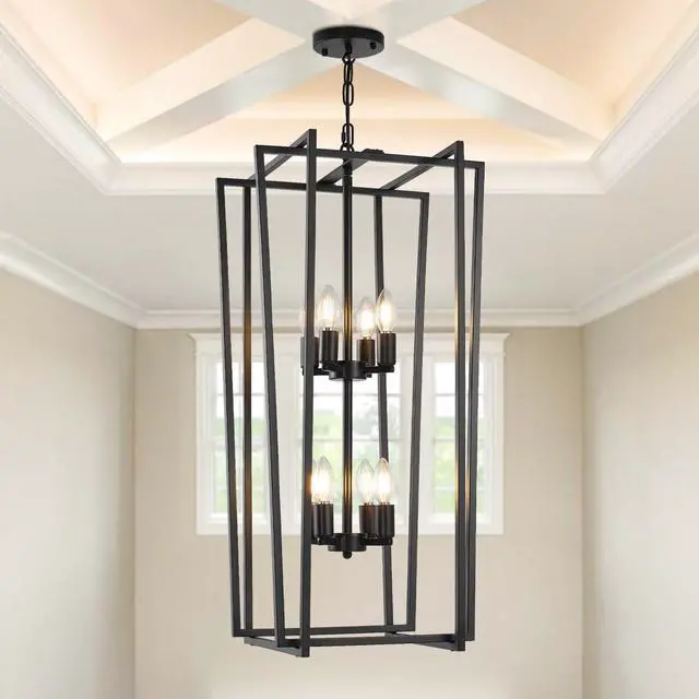 Main image of 8-Light Tiered Lantern Pendant Light Fixtures,Large Foyer Chandeliers for High Ceilings,Industrial Foyer Lighting Fixtures,Long Chandeliers for High Ceilings,Farmhouse Chandelier for Entryway, Black