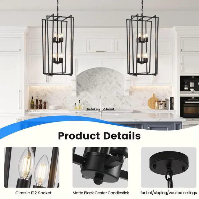 Alt view image 2 of 6 - 8-Light Tiered Lantern Pendant Light Fixtures,Large Foyer Chandeliers for High Ceilings,Industrial Foyer Lighting Fixtures,Long Chandeliers for High Ceilings,Farmhouse Chandelier for Entryway, Black