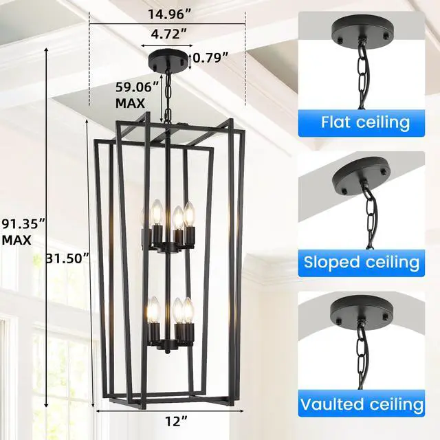 Alt view image 3 of 6 - 8-Light Tiered Lantern Pendant Light Fixtures,Large Foyer Chandeliers for High Ceilings,Industrial Foyer Lighting Fixtures,Long Chandeliers for High Ceilings,Farmhouse Chandelier for Entryway, Black