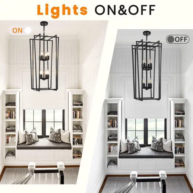 Alt view image 4 of 6 - 8-Light Tiered Lantern Pendant Light Fixtures,Large Foyer Chandeliers for High Ceilings,Industrial Foyer Lighting Fixtures,Long Chandeliers for High Ceilings,Farmhouse Chandelier for Entryway, Black