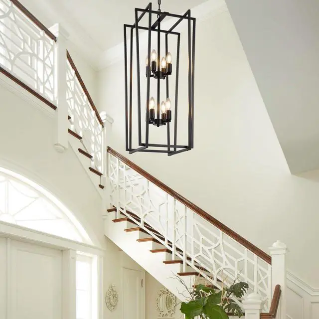 Alt view image 6 of 6 - 8-Light Tiered Lantern Pendant Light Fixtures,Large Foyer Chandeliers for High Ceilings,Industrial Foyer Lighting Fixtures,Long Chandeliers for High Ceilings,Farmhouse Chandelier for Entryway, Black