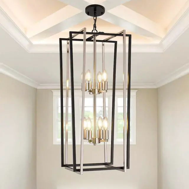 Main image of 8-Light Modern Chandelier, Farmhouse Foyer Lighting Fixtures, Chandeliers for High Ceilings, Black and Silver Lantern Pendant Light Fixtures, for Staircase, Entryway Hallway