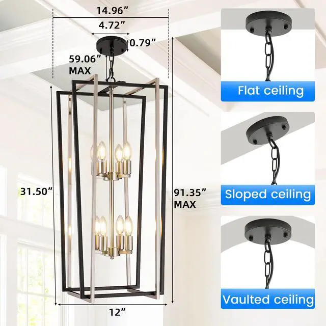 Alt view image 3 of 6 - 8-Light Modern Chandelier, Farmhouse Foyer Lighting Fixtures, Chandeliers for High Ceilings, Black and Silver Lantern Pendant Light Fixtures, for Staircase, Entryway Hallway