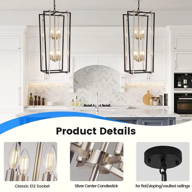 Alt view image 4 of 6 - 8-Light Modern Chandelier, Farmhouse Foyer Lighting Fixtures, Chandeliers for High Ceilings, Black and Silver Lantern Pendant Light Fixtures, for Staircase, Entryway Hallway