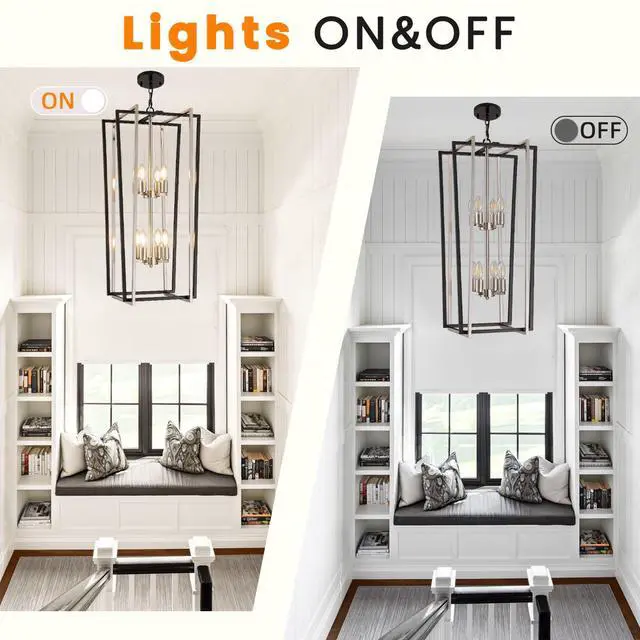 Alt view image 5 of 6 - 8-Light Modern Chandelier, Farmhouse Foyer Lighting Fixtures, Chandeliers for High Ceilings, Black and Silver Lantern Pendant Light Fixtures, for Staircase, Entryway Hallway