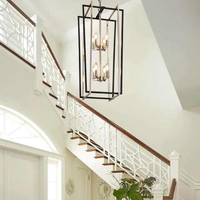 Alt view image 6 of 6 - 8-Light Modern Chandelier, Farmhouse Foyer Lighting Fixtures, Chandeliers for High Ceilings, Black and Silver Lantern Pendant Light Fixtures, for Staircase, Entryway Hallway