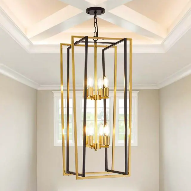 Main image of Black and Gold Chandelier, 8-Light Tiered Lantern Pendant Light Fixtures, Industrial Foyer Lighting Fixtures, Large Long Chandeliers for High Ceilings, Farmhouse Chandelier for Staircase, Entryway