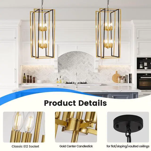 Alt view image 2 of 6 - Black and Gold Chandelier, 8-Light Tiered Lantern Pendant Light Fixtures, Industrial Foyer Lighting Fixtures, Large Long Chandeliers for High Ceilings, Farmhouse Chandelier for Staircase, Entryway