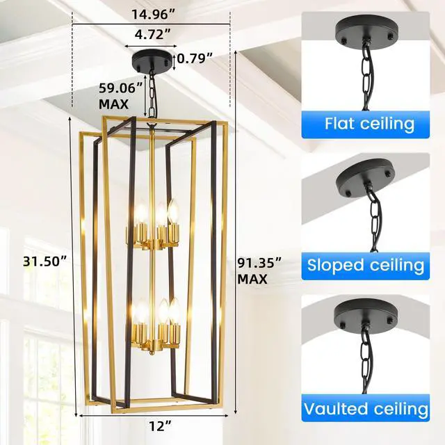 Alt view image 3 of 6 - Black and Gold Chandelier, 8-Light Tiered Lantern Pendant Light Fixtures, Industrial Foyer Lighting Fixtures, Large Long Chandeliers for High Ceilings, Farmhouse Chandelier for Staircase, Entryway