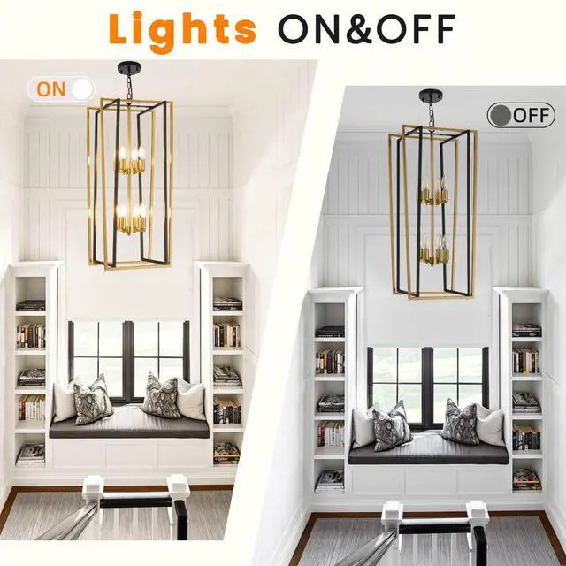 Alt view image 4 of 6 - Black and Gold Chandelier, 8-Light Tiered Lantern Pendant Light Fixtures, Industrial Foyer Lighting Fixtures, Large Long Chandeliers for High Ceilings, Farmhouse Chandelier for Staircase, Entryway