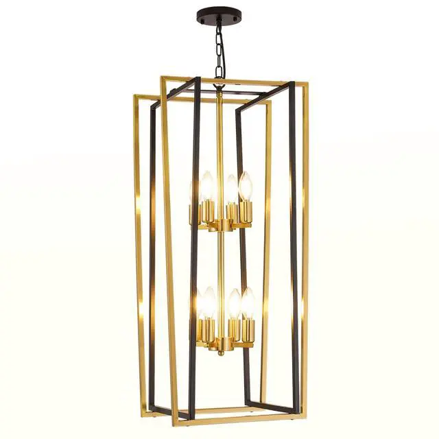 Alt view image 5 of 6 - Black and Gold Chandelier, 8-Light Tiered Lantern Pendant Light Fixtures, Industrial Foyer Lighting Fixtures, Large Long Chandeliers for High Ceilings, Farmhouse Chandelier for Staircase, Entryway