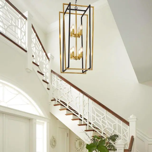 Alt view image 6 of 6 - Black and Gold Chandelier, 8-Light Tiered Lantern Pendant Light Fixtures, Industrial Foyer Lighting Fixtures, Large Long Chandeliers for High Ceilings, Farmhouse Chandelier for Staircase, Entryway