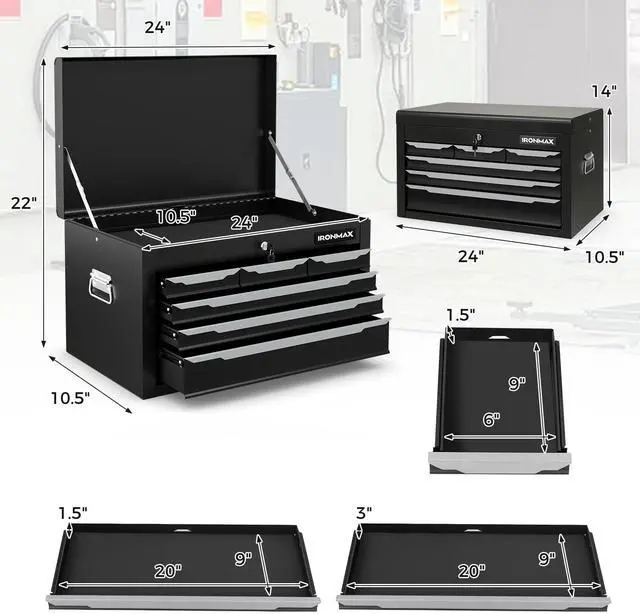 Alt view image 4 of 6 - Portable Tool Box, 6 Drawers 24 Lockable Tool Storage Organizer Toolbox with Ball-Bearing Slides & Liner, Metal Tool Chest for Warehouse, Garage, Workshop, Household