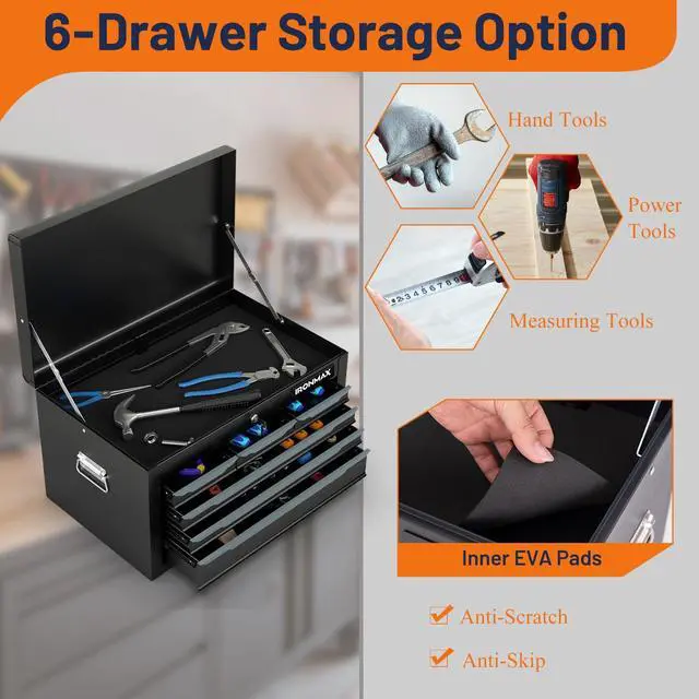 Alt view image 6 of 6 - Portable Tool Box, 6 Drawers 24 Lockable Tool Storage Organizer Toolbox with Ball-Bearing Slides & Liner, Metal Tool Chest for Warehouse, Garage, Workshop, Household