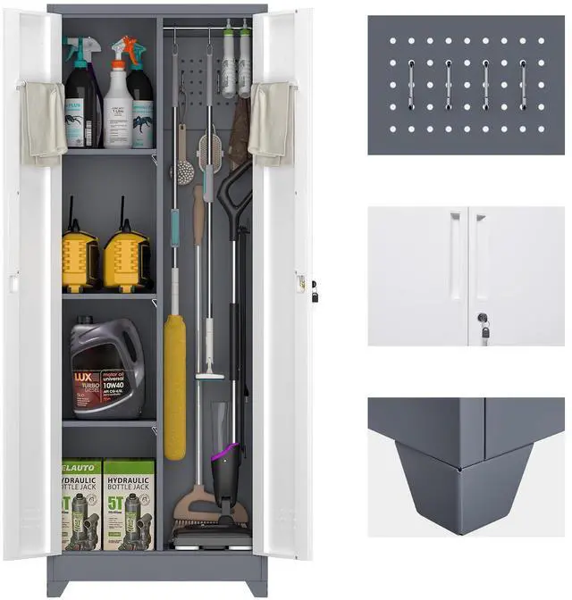 Main image of 65" H Garage Storage Cabinet,Broom Closet Storage Cabinet with Adjust Shelves,Utility Cabinet,Utility Closet for Garage,Gray-White