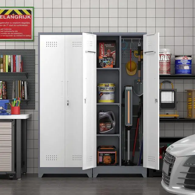 Alt view image 2 of 6 - 65" H Garage Storage Cabinet,Broom Closet Storage Cabinet with Adjust Shelves,Utility Cabinet,Utility Closet for Garage,Gray-White