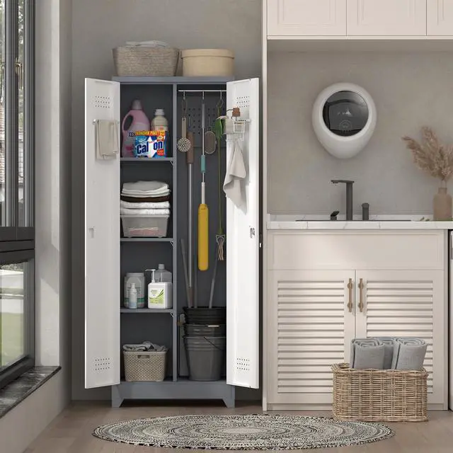 Alt view image 4 of 6 - 65" H Garage Storage Cabinet,Broom Closet Storage Cabinet with Adjust Shelves,Utility Cabinet,Utility Closet for Garage,Gray-White
