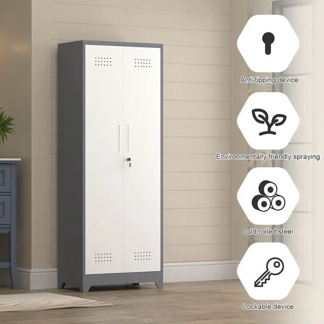 Alt view image 6 of 6 - 65" H Garage Storage Cabinet,Broom Closet Storage Cabinet with Adjust Shelves,Utility Cabinet,Utility Closet for Garage,Gray-White
