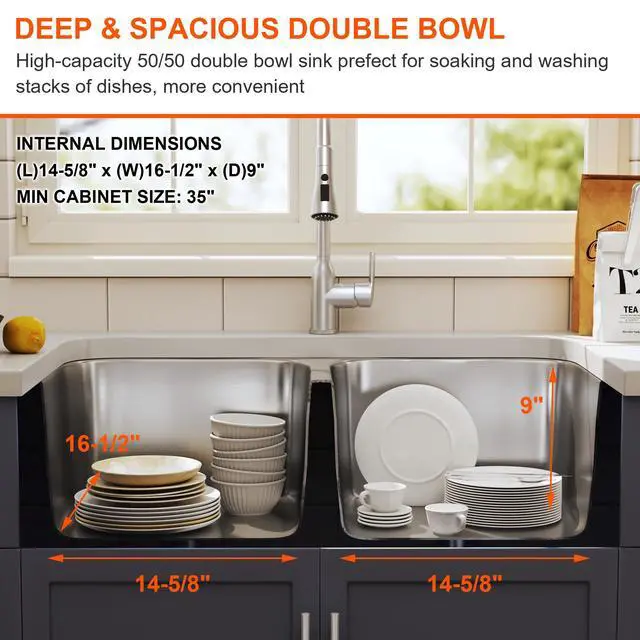 Alt view image 4 of 5 - 32 Inch Undermount Double Bowl Kitchen Sink 50/50 Stainless Steel 18 Gauge Commercial Grade Satin Finish Dual Bowl Sinks 32" x 18" x 9" (Sink Only)
