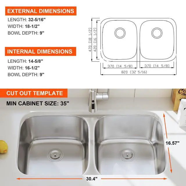 Alt view image 5 of 5 - 32 Inch Undermount Double Bowl Kitchen Sink 50/50 Stainless Steel 18 Gauge Commercial Grade Satin Finish Dual Bowl Sinks 32" x 18" x 9" (Sink Only)