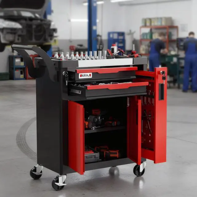 Alt view image 2 of 6 - 2-Drawer Tool Chest with Wheels, Rolling Tool Chest with Side Drawer,Tool Cabinet Drawers lockable,Tool Cart with Top compartment,for Garage Storage,Workshop,Home,Safety Rounded Corner Anti-collision