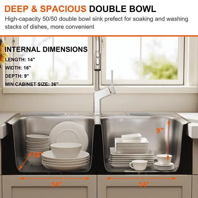 Alt view image 4 of 6 - 33x22 Drop In Double Bowl Kitchen Sink 33 Inch 50/50 Topmount 18 Gauge Stainless Steel Commercial Grade Satin Finish Sinks 33" x 22" x 9" (Sink Only)