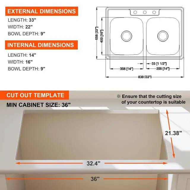 Alt view image 6 of 6 - 33x22 Drop In Double Bowl Kitchen Sink 33 Inch 50/50 Topmount 18 Gauge Stainless Steel Commercial Grade Satin Finish Sinks 33" x 22" x 9" (Sink Only)