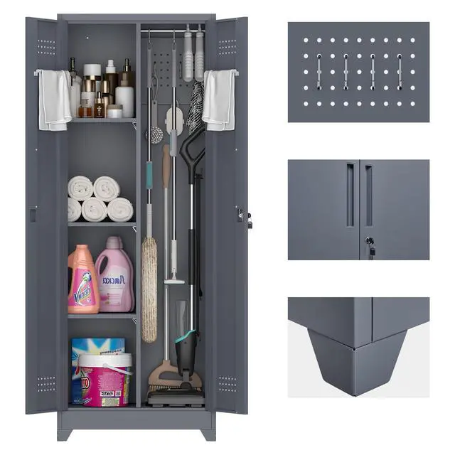 Main image of 65" H Metal Garage Storage Cabinet,Broom Closet Storage Cabinet with Adjust Shelves,Utility Cabinet,Utility Closet for Garage,Gray
