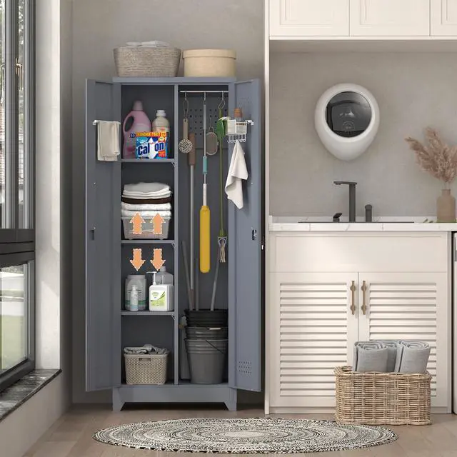 Alt view image 2 of 6 - 65" H Metal Garage Storage Cabinet,Broom Closet Storage Cabinet with Adjust Shelves,Utility Cabinet,Utility Closet for Garage,Gray
