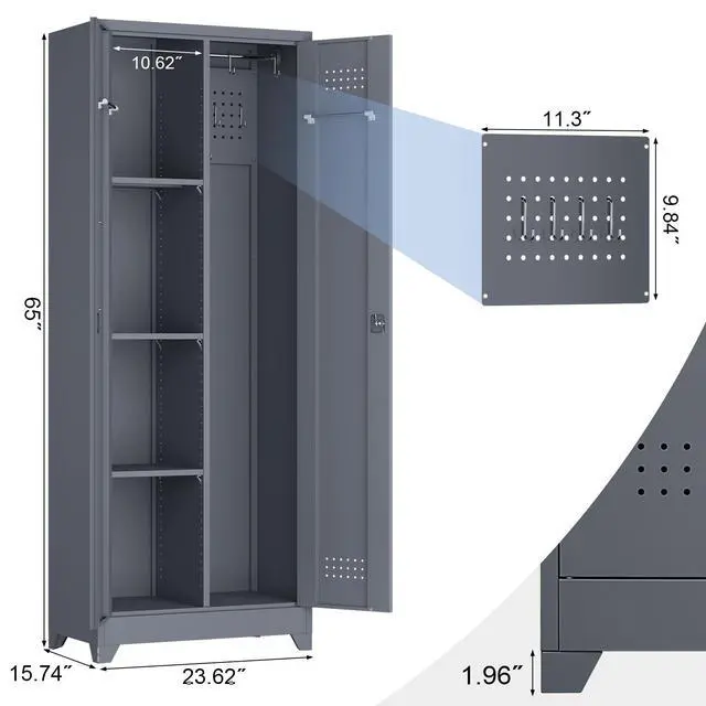 Alt view image 3 of 6 - 65" H Metal Garage Storage Cabinet,Broom Closet Storage Cabinet with Adjust Shelves,Utility Cabinet,Utility Closet for Garage,Gray