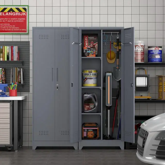 Alt view image 4 of 6 - 65" H Metal Garage Storage Cabinet,Broom Closet Storage Cabinet with Adjust Shelves,Utility Cabinet,Utility Closet for Garage,Gray
