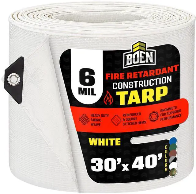 Main image of Fire Retardant Construction tarp with Reinforced Corners, Waterproof, UV Resistant Polyethylene Tarpaulin (30' x 40', White)