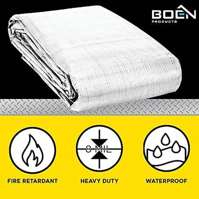 Alt view image 2 of 3 - Fire Retardant Construction tarp with Reinforced Corners, Waterproof, UV Resistant Polyethylene Tarpaulin (30' x 40', White)